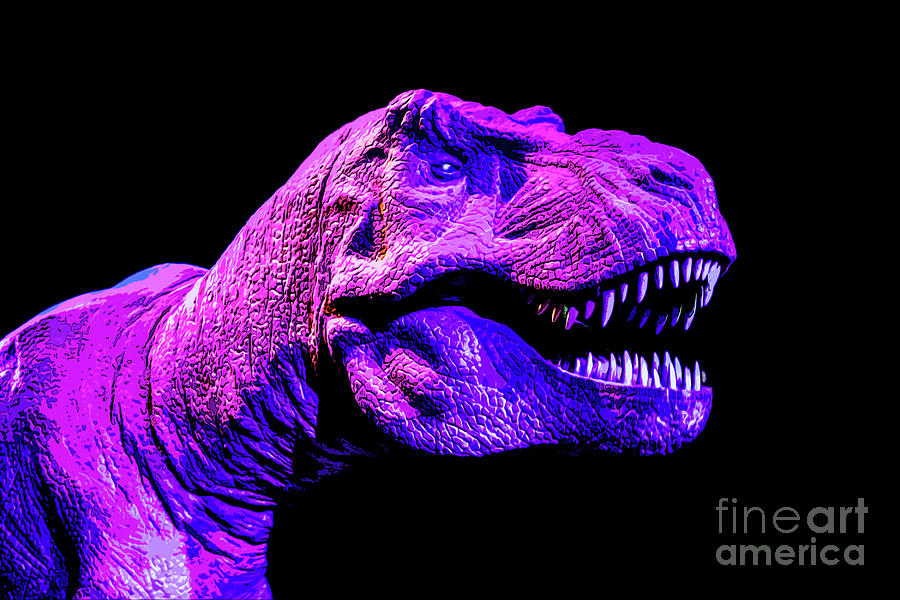 Colorful pink and purple mean looking dinosaur with long sharp teeth in black background Digital Art by Susan Vineyard