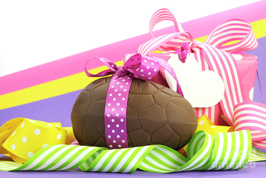 Download Colorful Pink Yellow And Purple Theme Happy Easter Theme With Chocolate Egg And Gift Box Photograph By Milleflore Images Yellowimages Mockups