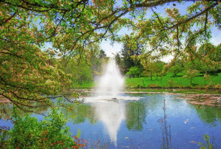 Colorful Pond Fountain Reflection Painting by Dan Sproul