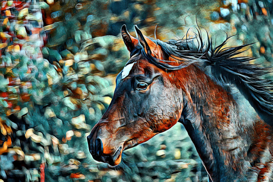 Colorful portrait of a thoroughbred horse in cyan and brown Digital Art by Nicko Prints