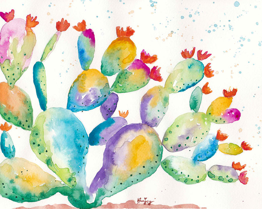 Colorful Prickly Pear Cactus Painting by Bonny Puckett