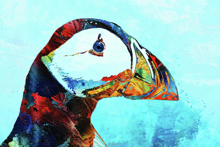 Colorful Puffin Bird Art on Blue Watercolor Painting by Sharon Cummings