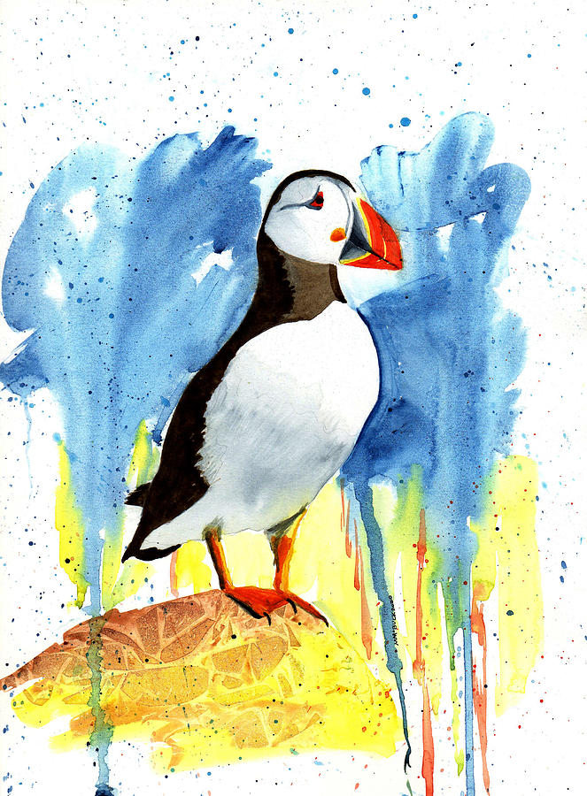 Colorful Puffin Watercolor Portrait Painting