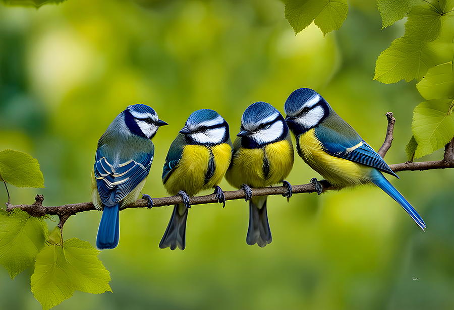 Colorful Quartet - Eurasian Blue Tits on a Branch Digital Art by Russ Harris
