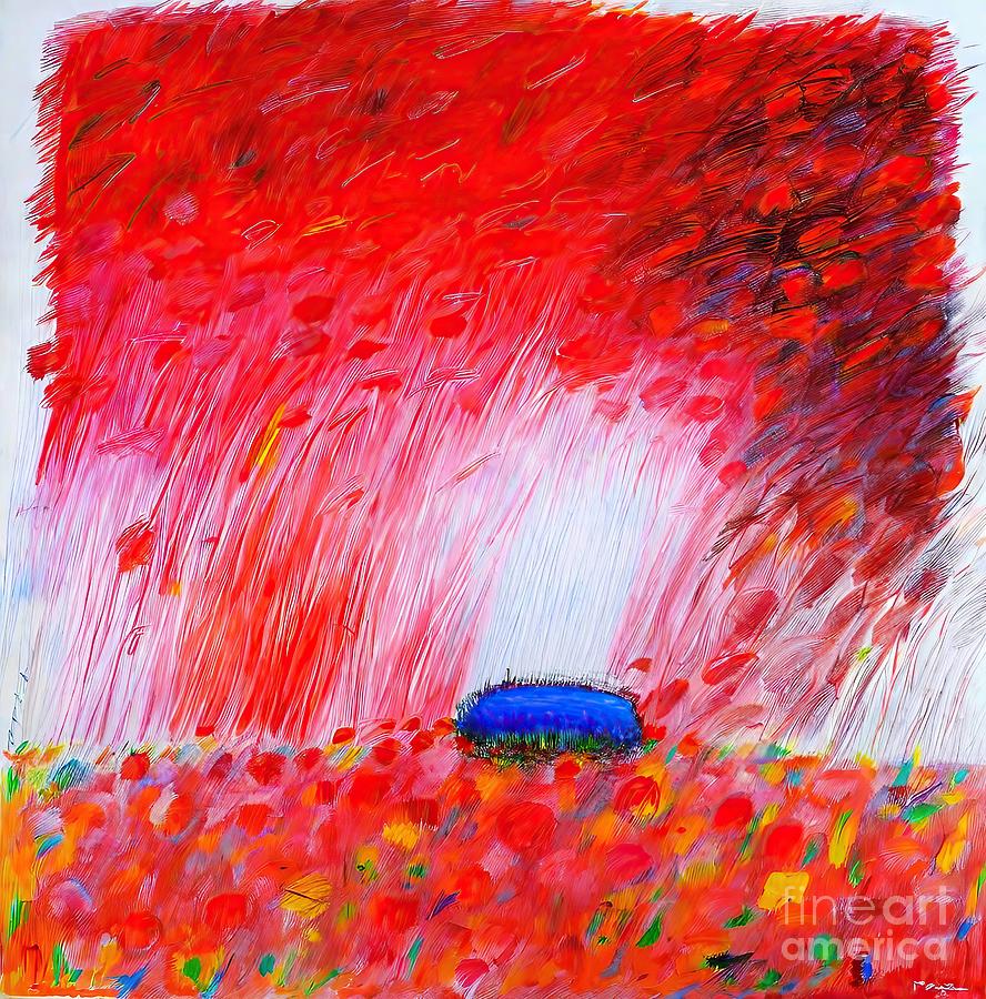 Abstract Painting - Colorful rain with iguana Painting cloud rain everglade sky red colorful abstract agriculture art autumn backdrop background blue brown brush concept creative decoration decorative design field gold by N Akkash