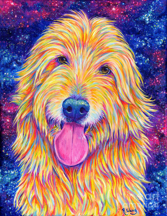Colorful Rainbow Goldendoodle Painting by Rebecca Wang