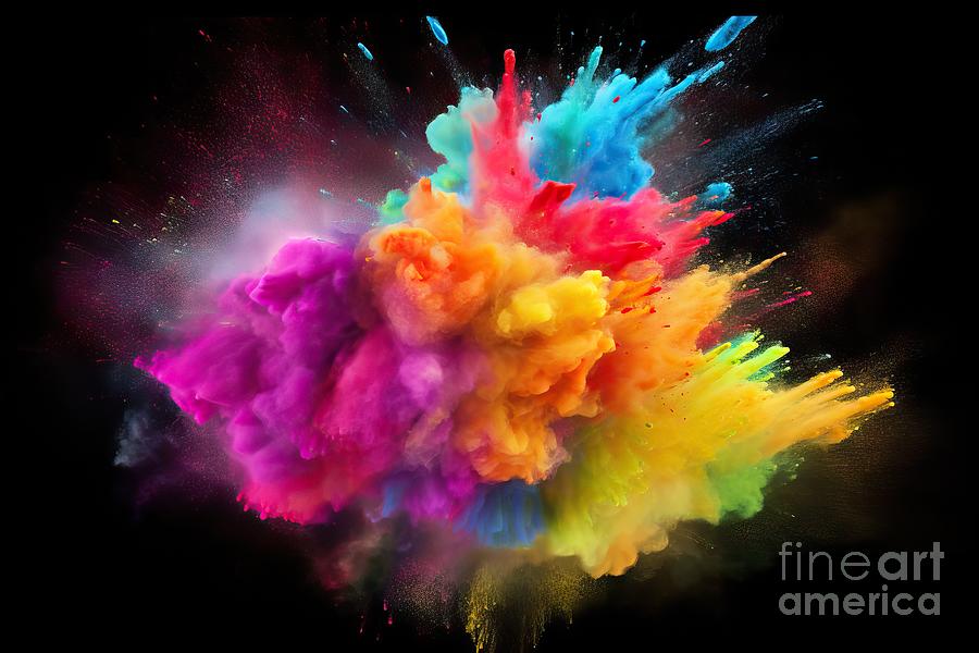 Abstract Painting - Colorful rainbow holi paint splash, color powder explosion, by N Akkash