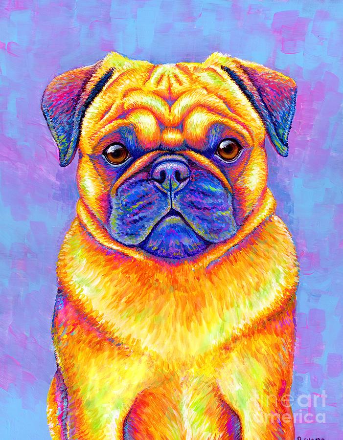 Colorful Rainbow Pug Dog Portrait Painting by Rebecca Wang