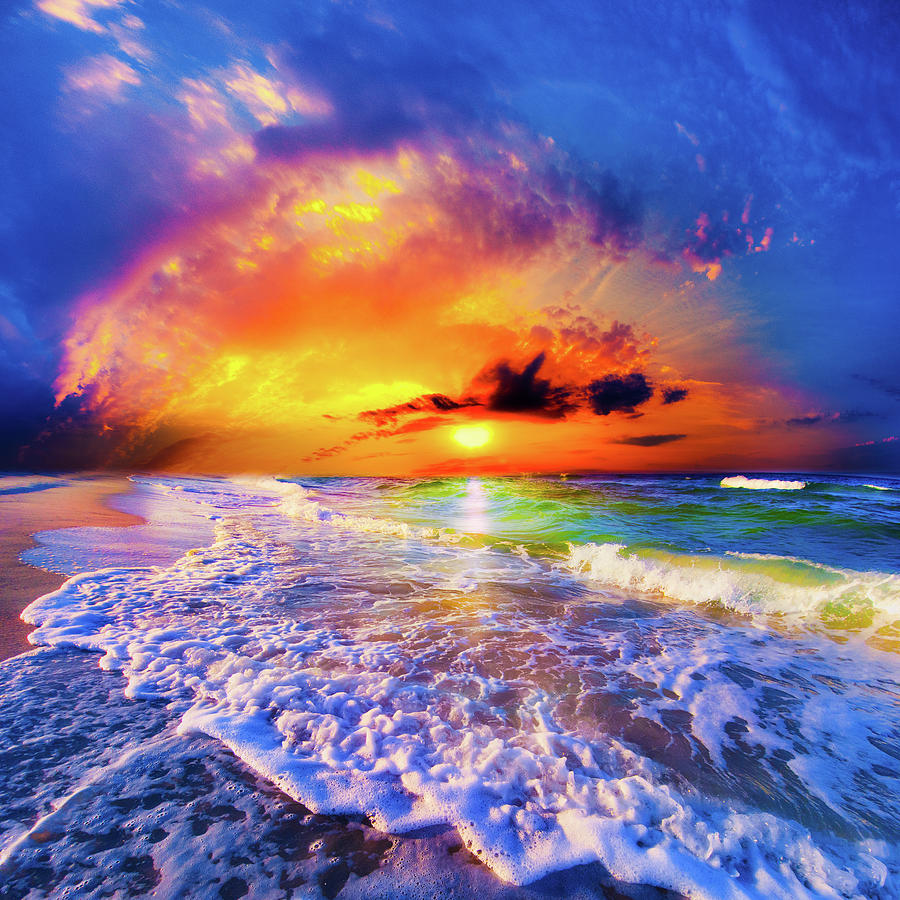 Colorful Red Blue Green Beach Sunset Photograph by Eszra Tanner