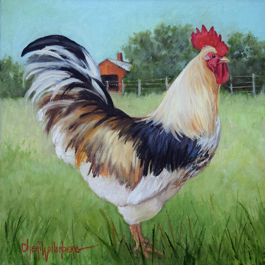 Colorful Rooster and Red Barn Landscape and Scene by Cheri Wollenberg Painting by Cheri Wollenberg