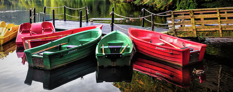 Colorful Rowboats in the Lake Panorama Photograph by Debra and Dave Vanderlaan