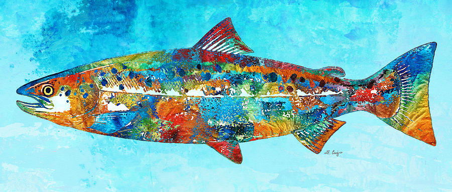 Colorful Salmon Fish Art On Blue Painting by Sharon Cummings - Fine Art  America