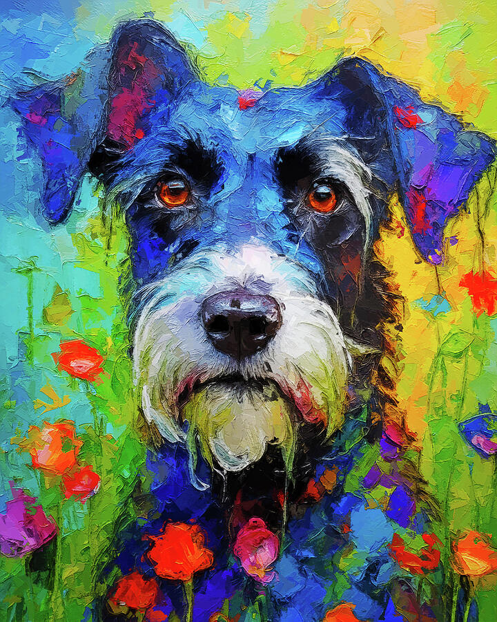 Colorful Schnauzer Dog In Flowers Painting Painting by Dan Sproul Colorful Schnauzer Dog In Flowers Painting Painting by Dan Sproul