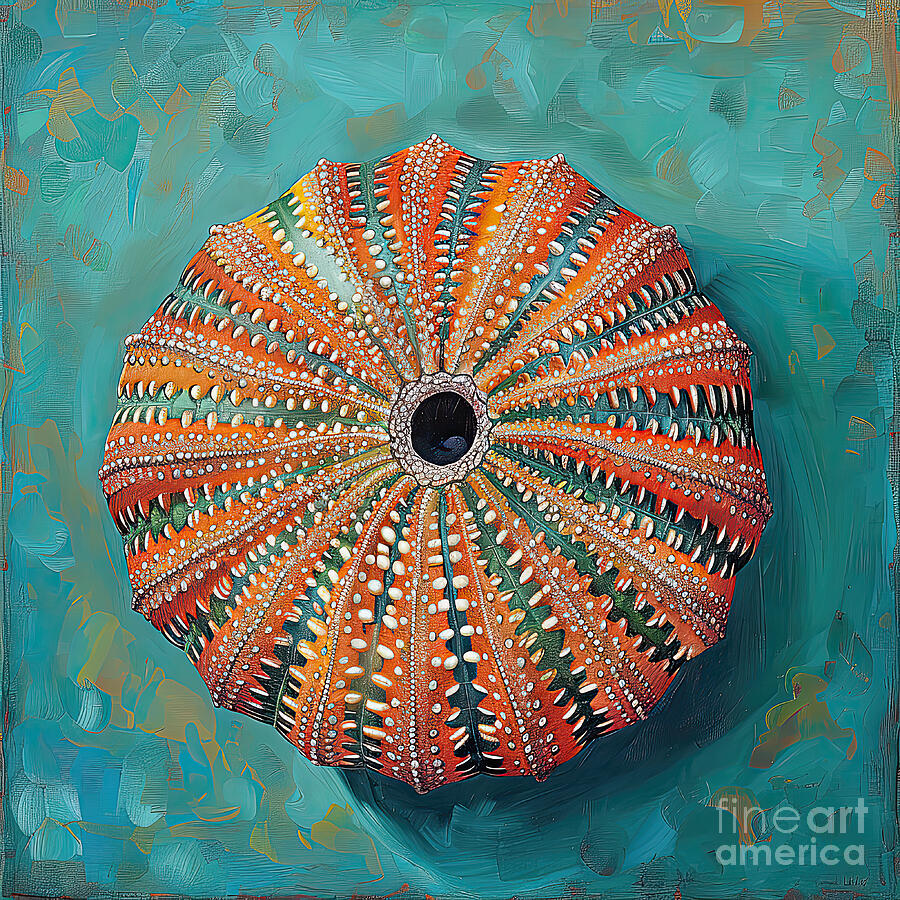 Shell Digital Art - Colorful Sea Urchin on Teal by Elisabeth Lucas