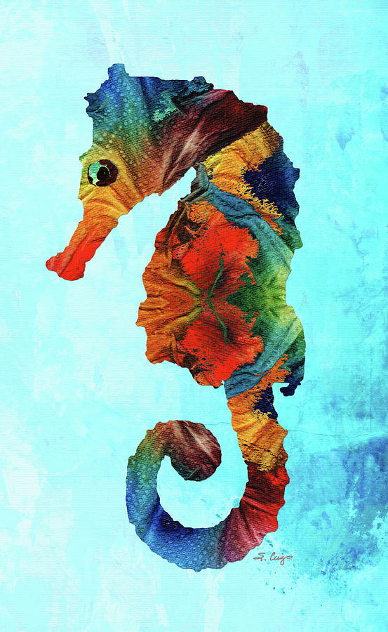 Colorful Seahorse On Blue Beach Art Painting by Sharon Cummings