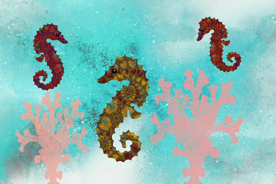 Colorful Seahorses And Coral-fractal Watercolor Fusion Art Mixed Media