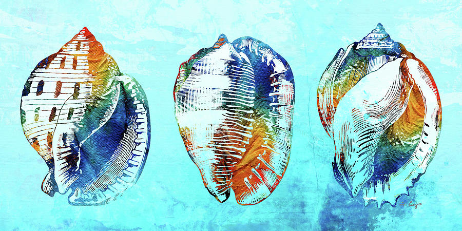 Primary Colors Painting - Colorful Seashells On Beach Blue by Sharon Cummings