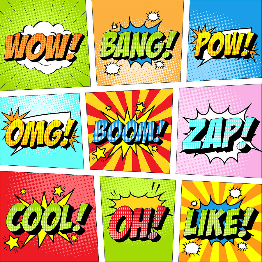 Colorful set of comic icon in pop art style. Wow, Bang, Pow, Omg, Boom, Zap, Cool, Oh, Like. Drawing by Youst