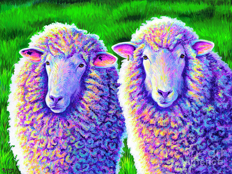 Colorful Sheep Portrait - Charlie and Curtis Painting by Rebecca Wang