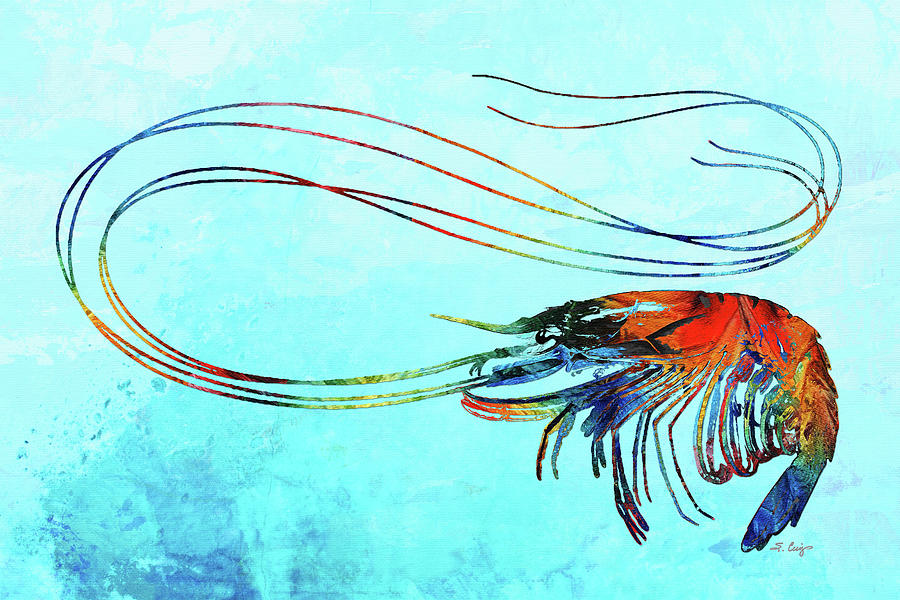 Colorful Shrimp Art On Beach Blue Painting by Sharon Cummings