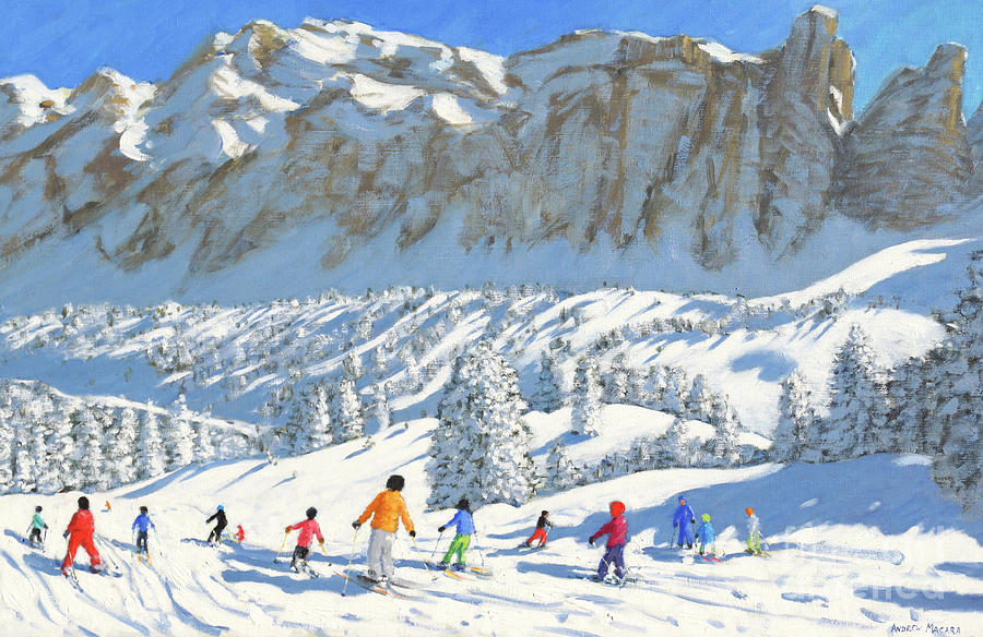 Colorful skiers, Val Gardena, Italy Painting by Andrew Macara