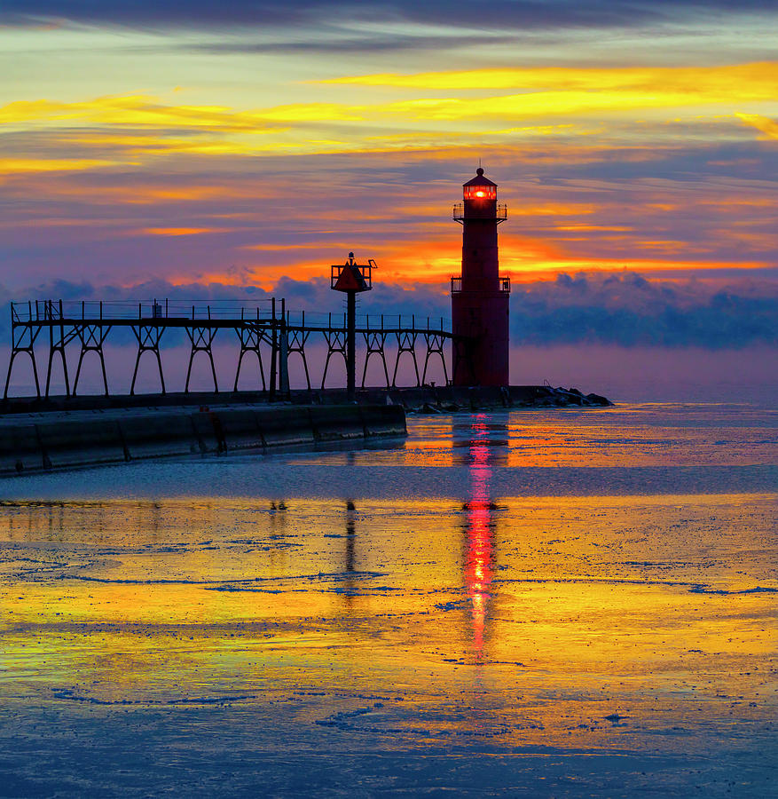 Colorful Sky And Red Lighthouse Beacon Reflected Off Ice, Algoma, Wi 