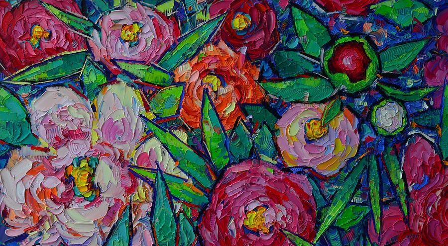 COLORFUL SPRING PEONIES textural impasto palette knife oil painting floral art Ana Maria Edulescu Painting by Ana Maria Edulescu