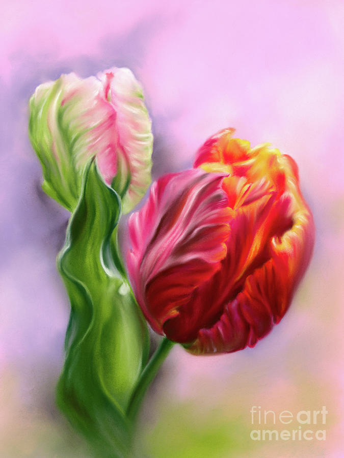 Colorful Spring Tulips with Leaf Painting by MM Anderson