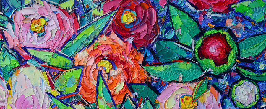 COLORFUL SPRING WILD ROSES AND BUDS textural impasto palette knife oil painting Ana Maria Edulescu   Painting by Ana Maria Edulescu