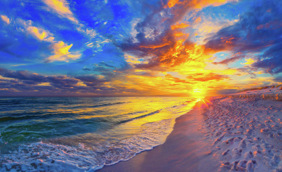 Colorful Swirling Yellow Orange Sunset Beach Photograph by Eszra Tanner