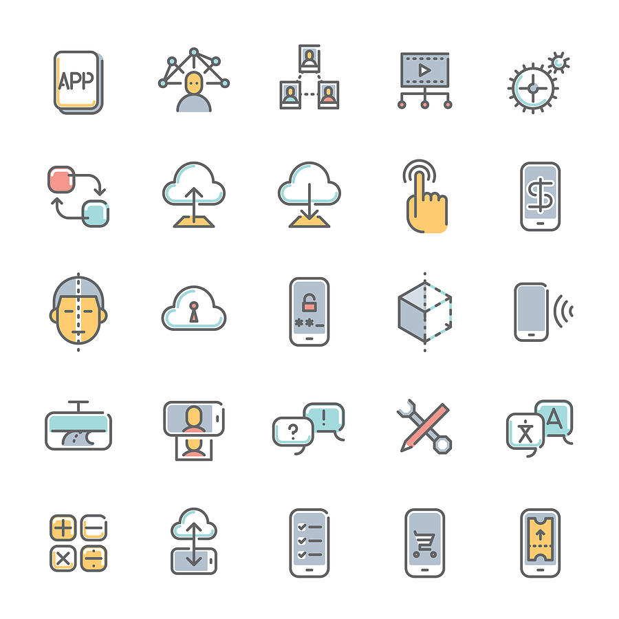 Colorful Technology Minimalist Line Icon Set 1 Drawing by Molotovcoketail