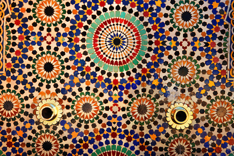 Colorful tiles on fountain, Mausoleum of Mohammed V , Rabat, Morocco. Photograph by Lubilub