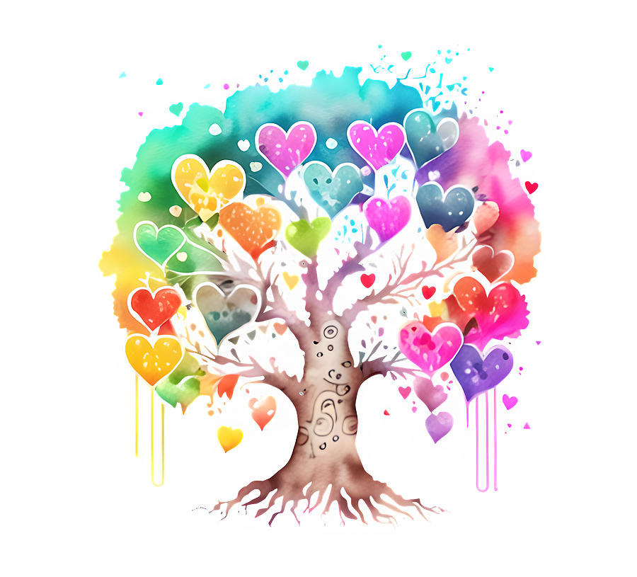 Colorful Tree of Life with Hanging Hearts Digital Art by Amalia Suruceanu