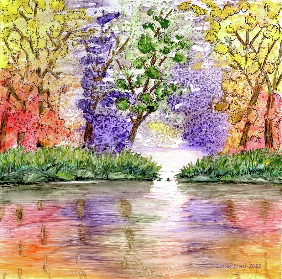 Colorful Trees Reflecting on the Water   Painting by Linda Brody