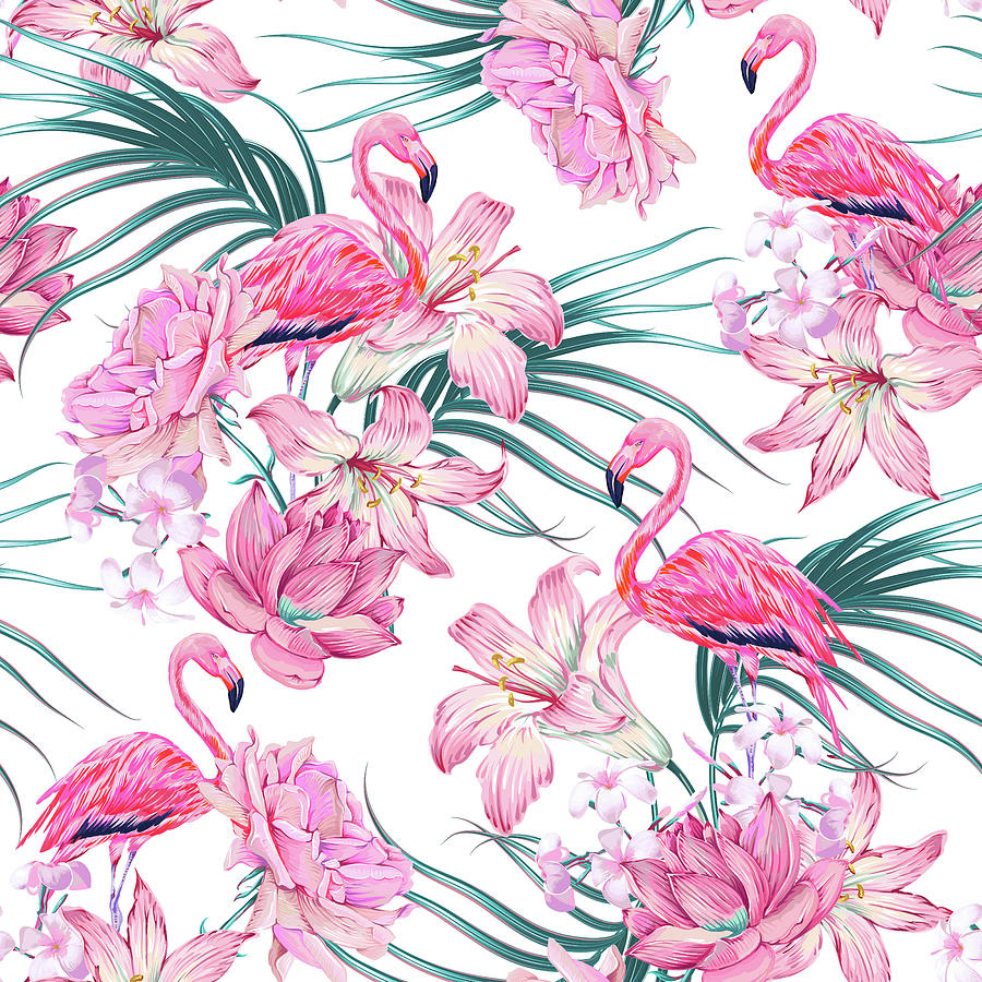 Colorful Tropical Flowers And Birds Seamless Pattern Drawing
