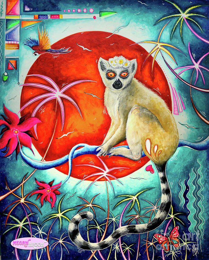 Colorful Tropical Lemur Wildlife Conservation Painting MAD Wonderland Collection by Megan Duncanosn Painting by Megan Aroon