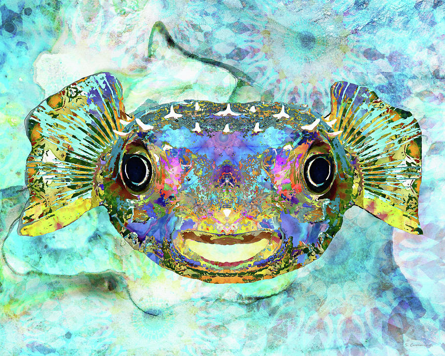 Colorful Tropical Puffer Fish Art - Smile Painting by Sharon Cummings