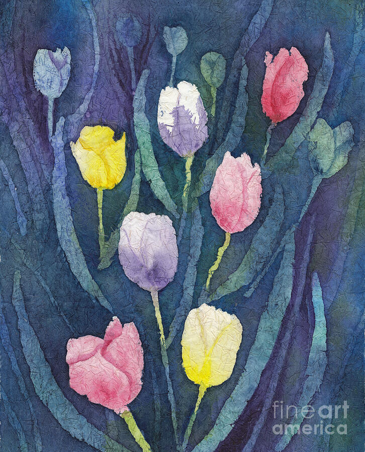 Colorful Tulips in Watercolor Batik Painting by Conni Schaftenaar