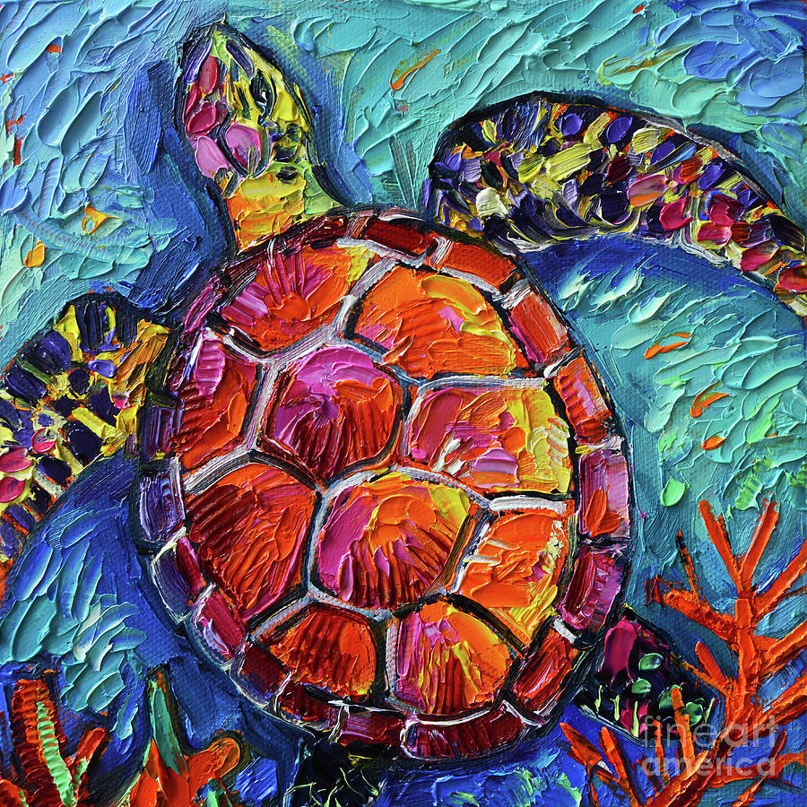 Turtle Painting - COLORFUL TURTLE 1 commissioned palette knife oil painting Mona Edulesco by Mona Edulesco