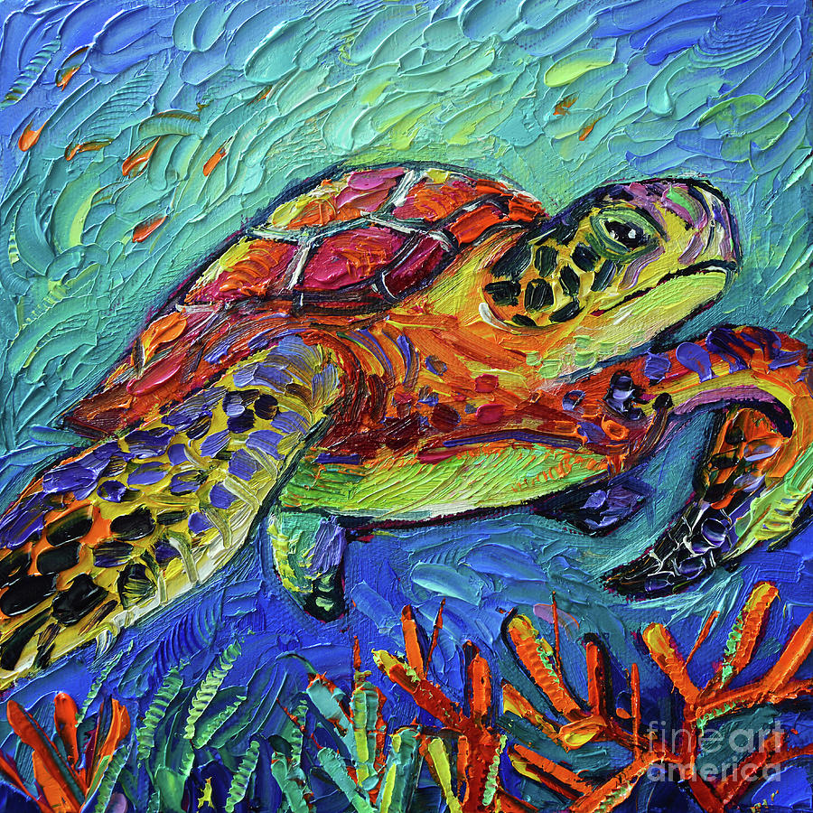 Turtle Painting - COLORFUL TURTLE 2 commissioned palette knife oil painting Mona Edulesco by Mona Edulesco