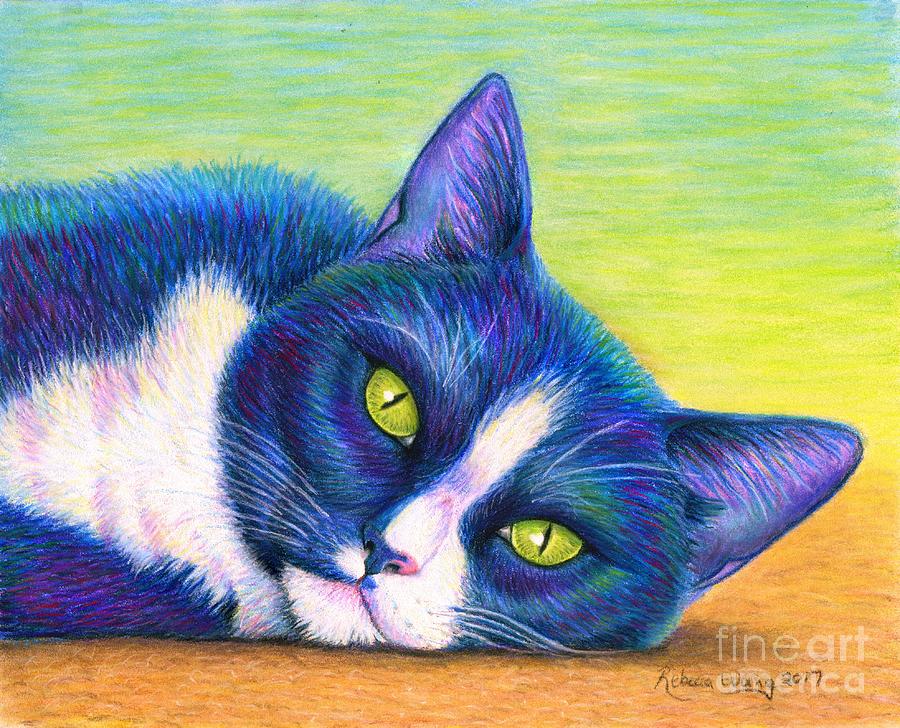 Colorful Tuxedo Cat Drawing by Rebecca Wang