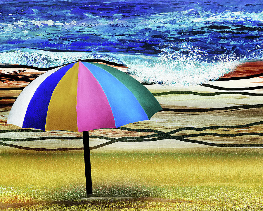 Colorful Umbrella On The Beach Seascape Ocean Shore Art IIi Painting
