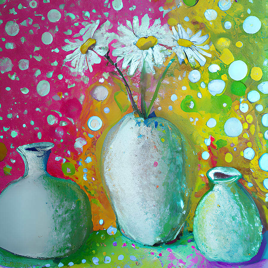 Colorful Vases with White Daisy Flowers Digital Art by Amalia Suruceanu