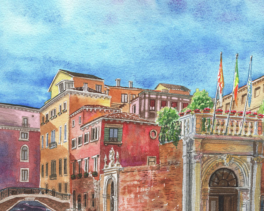 Colorful Venice Buildings Italian Vacation Watercolor Painting