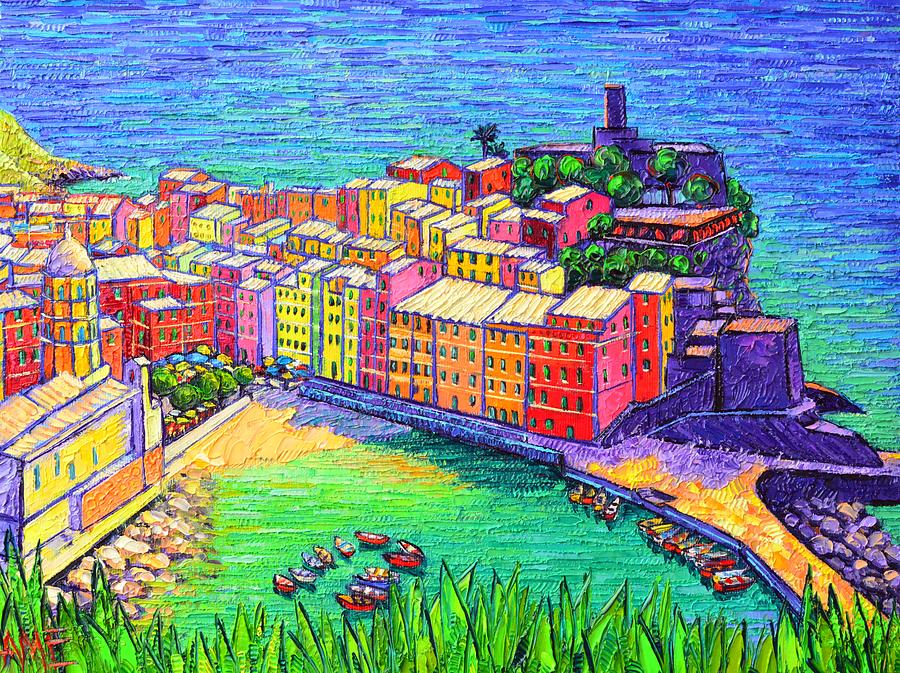 COLORFUL VERNAZZA CINQUE TERRE ITALY commissioned painting palette knife oil art Ana Maria Edulescu Painting by Ana Maria Edulescu