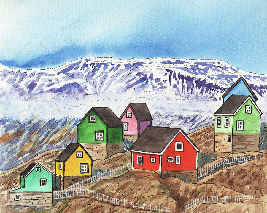 Colorful Village Greenland Houses Watercolor Landscape  Painting by Irina Sztukowski
