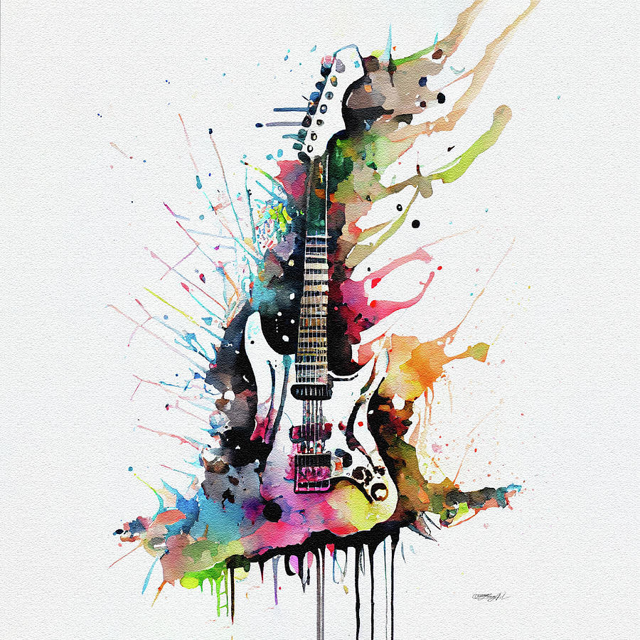 Colorful Watercolor guitar illustration on white background Digital Art by Lena Owens - OLena Art Vibrant Palette Knife and Graphic Design