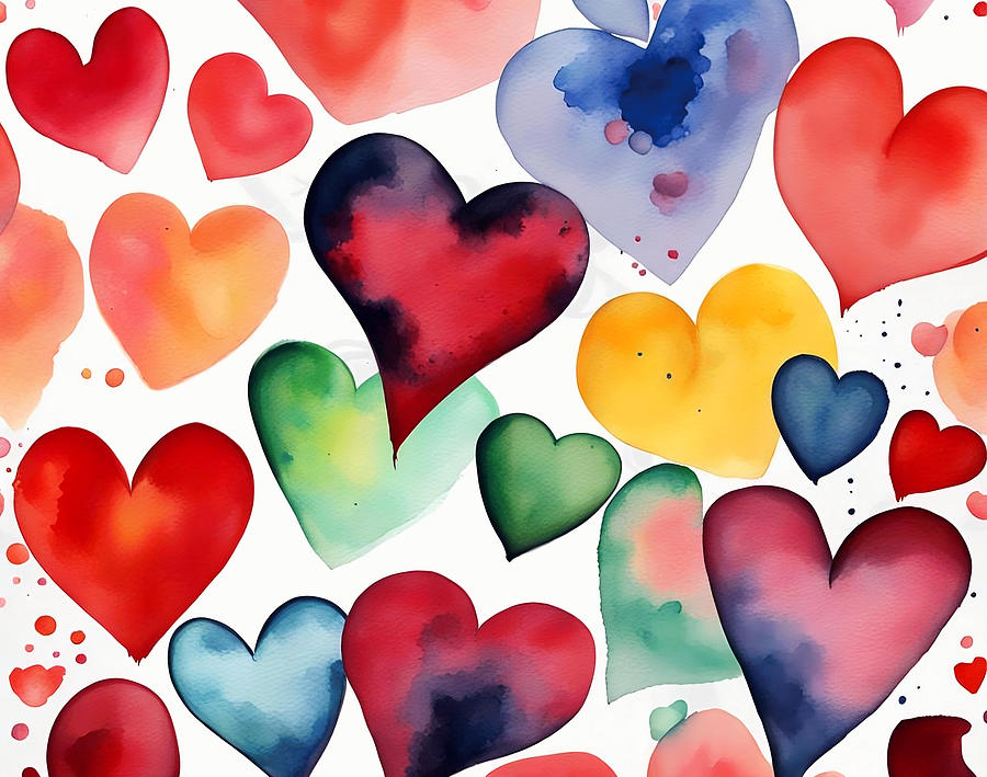 Colorful watercolor hearts set Painting by Mounir Khalfouf - Fine Art  America