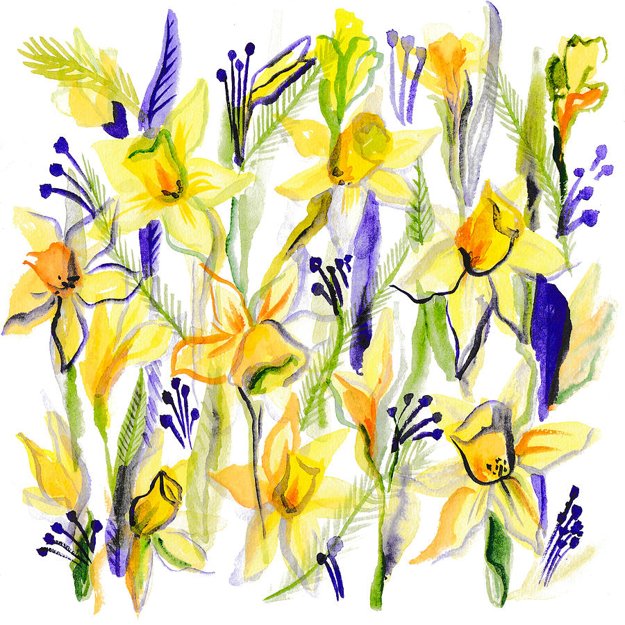Colorful Watercolor Illustration Of Yellow Daffodils. Yellow Flowers Narcissuses With Leaves On A White Background. Hand Drawn Watercolor Template Drawing