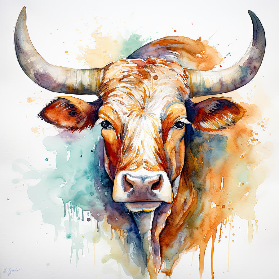 Texas Longhorn Painting - Colorful Watercolor Portrait of a Texas Longhorn by Lourry Legarde